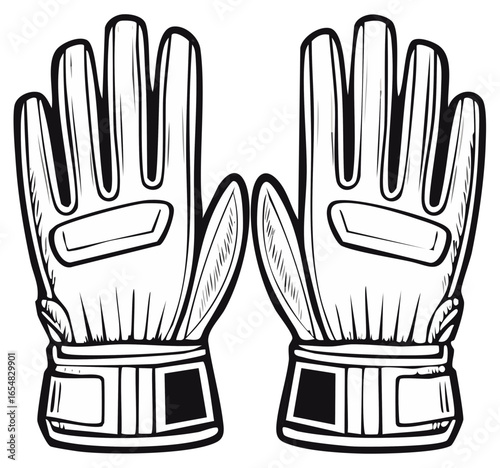 Pair of protective sports gloves vector illustration black and white outline drawing for athletics equipment