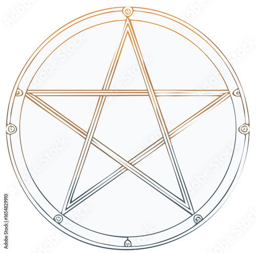 Isolated line drawing of a pentagram with esoteric symbols forming a circle of protection, magic symbol
