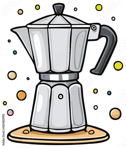 Cartoon illustration of an Italian moka pot coffee maker with colorful bubbles