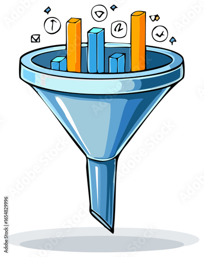 Cartoon Funnel Filtering Data with Graph Bars and Icons for Analytics