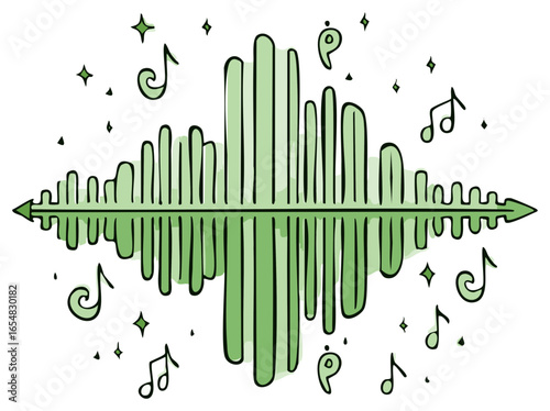 Sound waves green, musical notes and stars - audio design illustration
