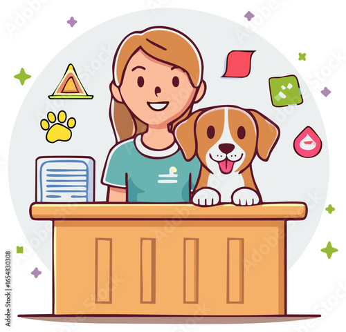 Happy veterinarian or animal caretaker with a friendly dog at a desk