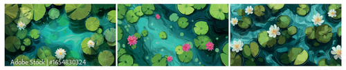 Swamp water top view. Marsh green water surface, pond with lilies flatlay leaf forest river jungle lake lotus leaves underwater bog cartoon background set vector illustration