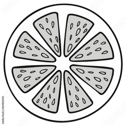 Stylized citrus fruit slice cross section with textured pulp and seeds minimal black and white illustration