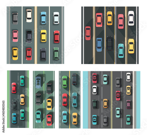 Traffic cars top view. Car on road straight three or two lane highway above aerial views, city transport street highway set cartoon vector illustration