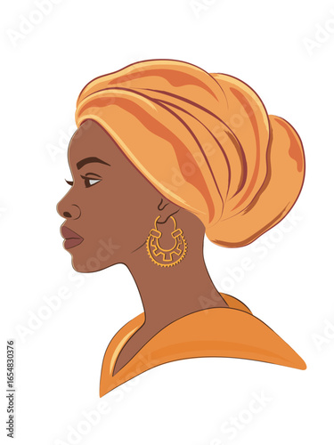 Flat vector portrait of an African American woman in a headscarf and with an earring. The profile of an African-American woman, made of lines and painted in a sunny yellow orange. Tradition and style