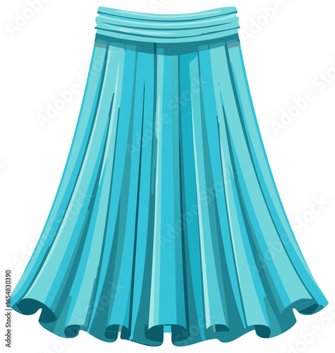 Turquoise pleated flowing maxi skirt with a gathered waistband, isolated on white.