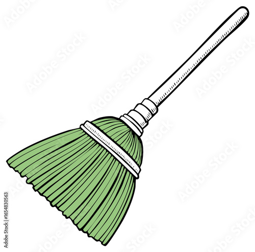 Simple green cleaning broom tool with a white handle isolated in a playful cartoon doodle illustration