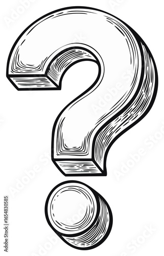 Illustration of a vintage-styled question mark symbol with engraved lines
