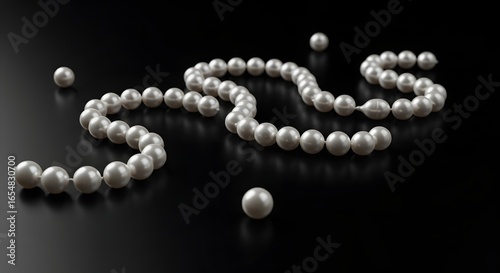 Elegant white pearl necklace artfully arranged on luxurious black background with subtle lighting