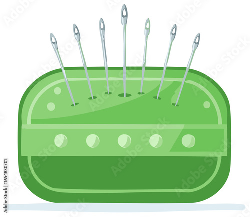 Green Pincushion with Sewing Needles Inserted for Storage and Crafting Supplies