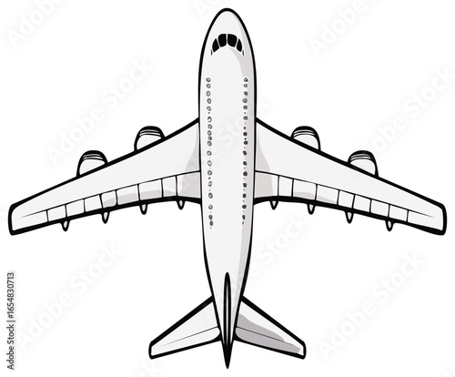 Top View of a Large Commercial Airplane with Four Engines and Detailed Windows