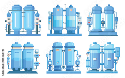 Water purification storages. Wastewater treatment industrial tank reservoirs, cleaning filtration industry plant facility pump stations set cartoon vector illustration