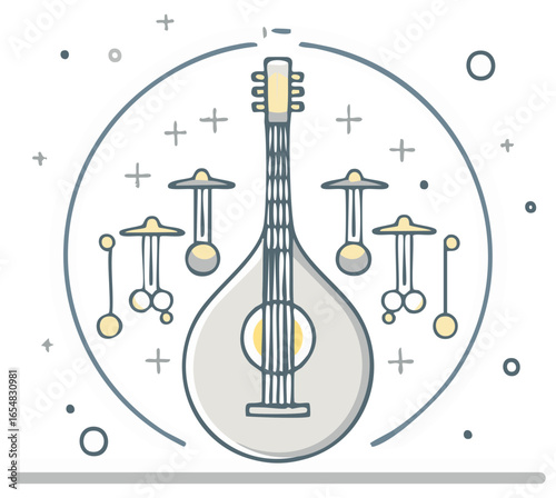 Line art illustration of a traditional stringed instrument like bouzouki with percussion elements