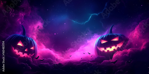 Glowing Halloween Pumpkins in Neon Purple Fog with Flying Bats – Spooky Night Background