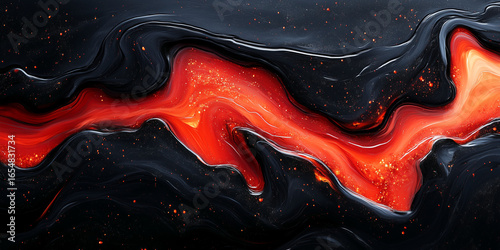 Abstract Molten Lava Flow with Dark Texture and Glowing Red Energy Wave Background