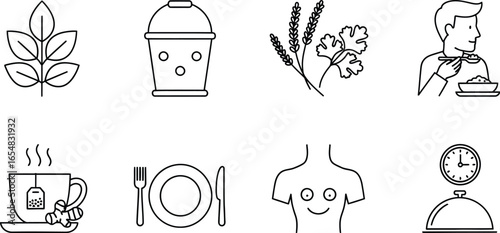 Healthy lifestyle icons depicting food, drink, and wellness elements
