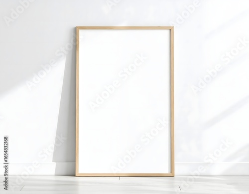 Vertical poster frame mockup with wooden border leaning against white wall with natural sunlight and shadows. Minimal home decor and artwork presentation concept.