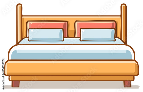 Cozy Wooden Bed with Pillows and Blanket Illustration