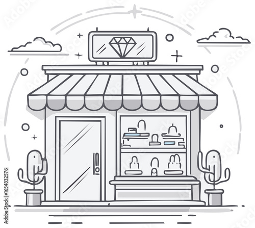 Cute Jewelry Storefront with Diamond Sign and Awning, Adorable Cactus Plants Decorating Entrance