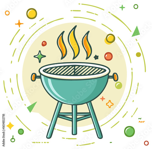 Colorful cartoon barbecue grill with flames, festive outdoor cooking illustration
