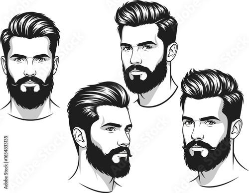 Vector art of set of four stylish men with beards and modern hairstyles, isolated on white background