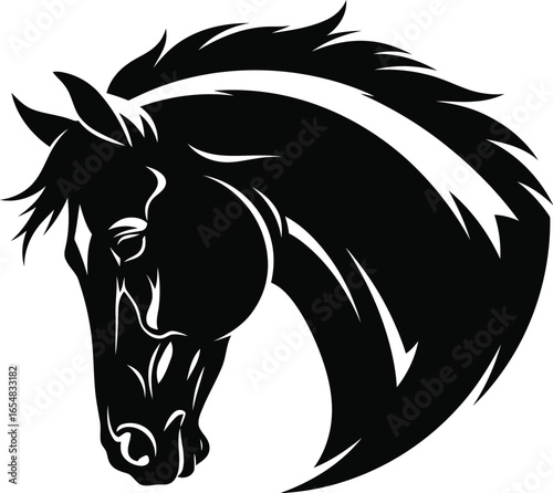 Vector art of black and white illustration of a horses head, isolated on white background