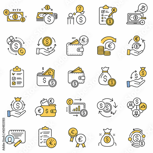 Flat lay illustration of various financial icons, depicting money transactions, investments, and budgeting, in a yellow and blue color scheme against a white background.