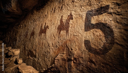 Cave wall with ancient paintings of people on horseback and a number