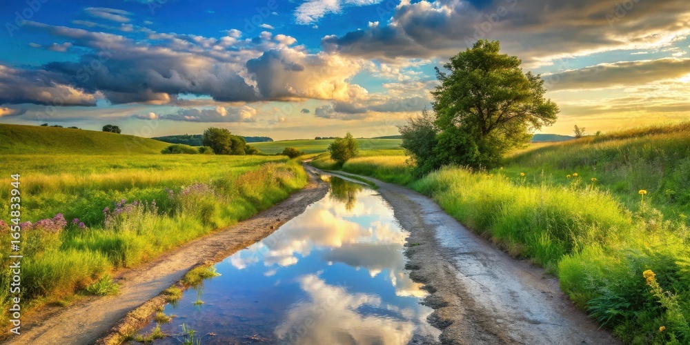 Fototapeta premium Serene Sunset Landscape Featuring a Country Road Reflecting the Sky in a Puddle