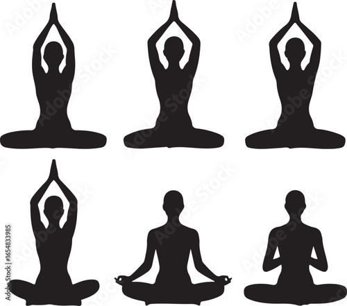 Six silhouettes of people meditating in yoga lotus pose meditation padmasana
