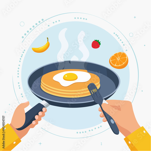 Cartoon Style Breakfast Pancakes And Eggs Cooking Illustration