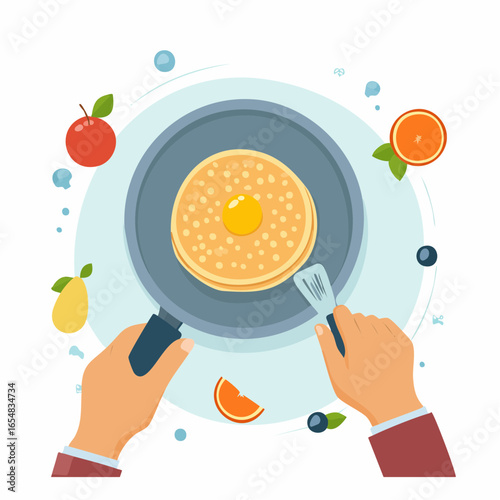 Hands Cooking Pancakes With Egg In Pan