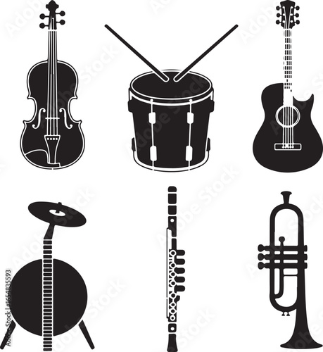 Collection of musical instrument silhouettes including violin drum guitar flute trumpet fiddle cello