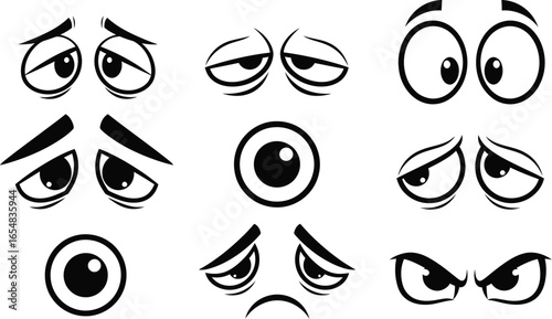 Expressive cartoon eyes convey emotions like sadness and anger