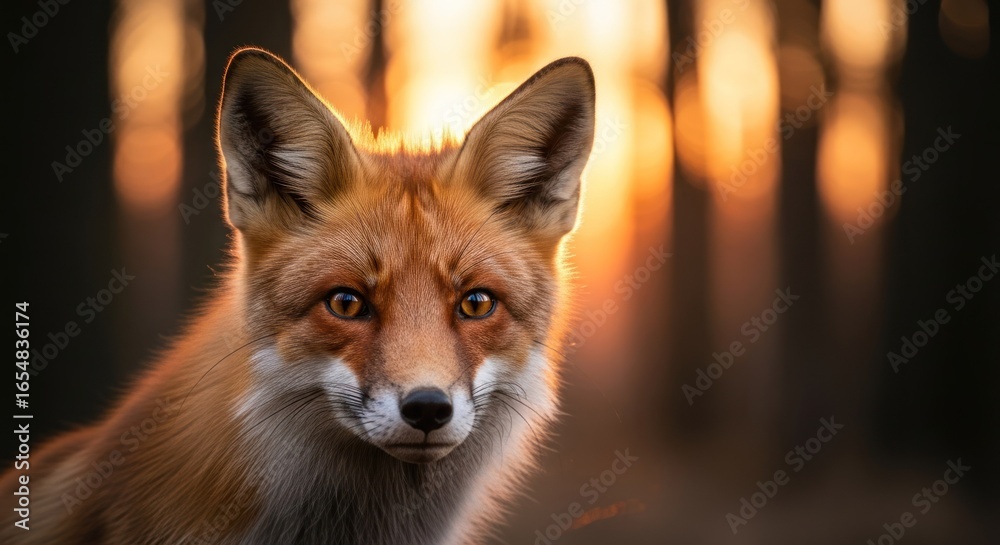 Fototapeta premium Close-up of a red fox at sunset in a forest. Golden light highlights the fox's face and ears. Blurred forest backdrop