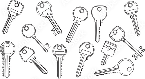 Collection of various house and car keys in outline style on white background drawing