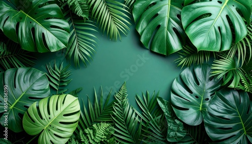 Lush tropical foliage arrangement with copy space against a green background