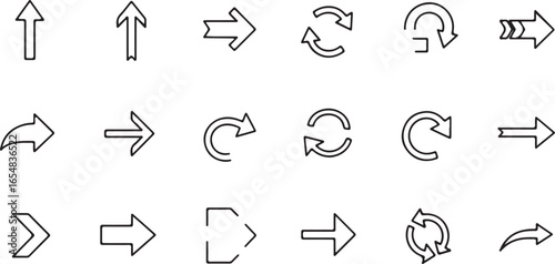 Collection of black outline arrow icons in various styles and directions symbol pointer