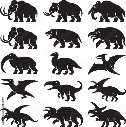 Silhouettes of mammoths and dinosaurs on a white background prehistoric animal