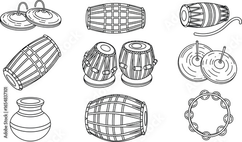 Indian percussion instruments collection, rhythmic cultural music elements
