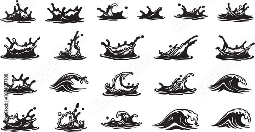 Dynamic Black and White Illustrations of Water Splashes and Waves liquid fluid