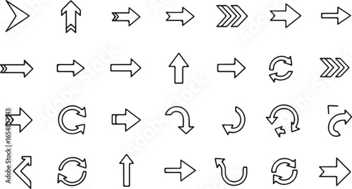 Collection of Outline Arrows and Circular Arrows in Various Directions and Styles