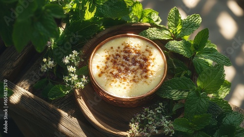 Premium vanilla specks cappuccino with foam art and cocoa dusting in ceramic cup surrounded by fresh mint leaves on wooden surface in natural sunlight