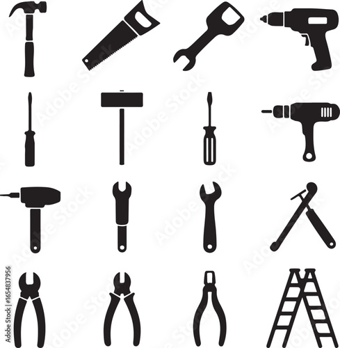 Construction and Repair Tools Icons including Hammer Saw Wrench and Drill vector illustration