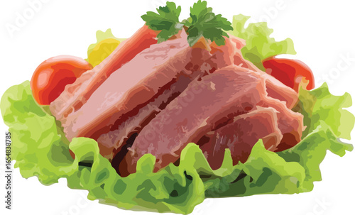 Delicious sliced meat served on lettuce leaves garnished with fresh tomatoes and parsley