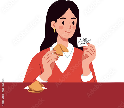 Woman Holding Fortune Cookie with New Adventure Note in Red Sweater Vector Illustration 