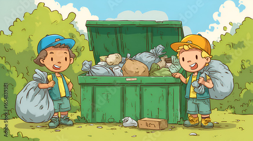 Kids Cleaning up Outdoors Cartoon Illustration with Full Trash Bin