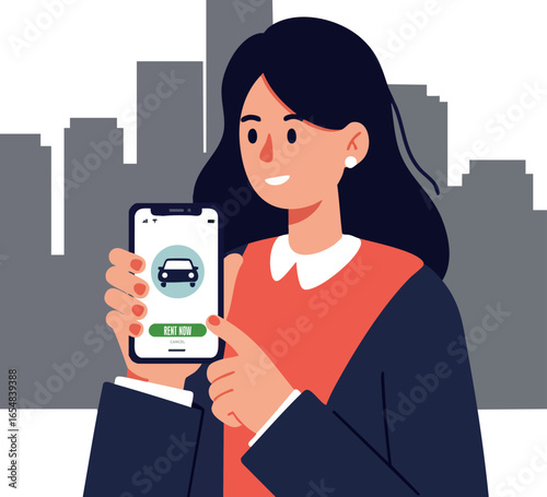 Woman using ride hailing app on smartphone with cityscape background vector illustration 