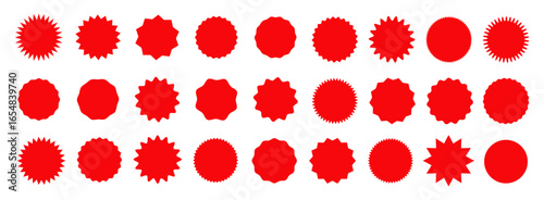 Circle sticker set. Wavy edge promo red badges. Star burst shape tags for price. Blank sale stickers. Simple silhouette. Flat vintage labels. Graphic illustration.